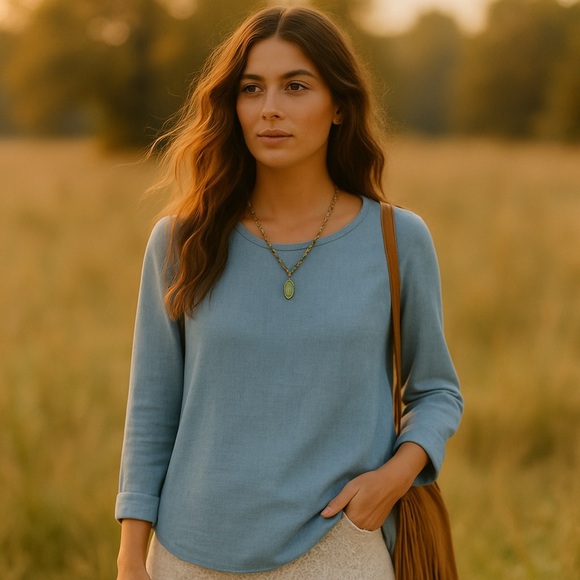 NWT California Moon Rise Blue Drape Back Blouse M - Picture 1 of 15